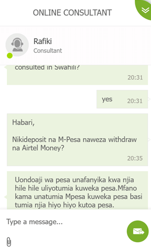 A conversation with a live agent in Swahili