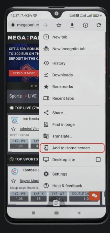 Add home screen option Megapari kenya
