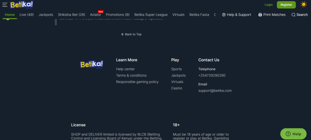 Betika casino under the Play section at the bottom of the homepage