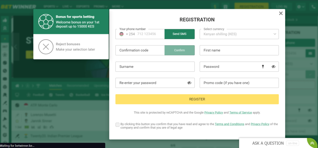 Betwinner’s registration form