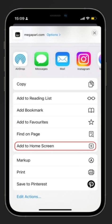 add to home section button for ios megapari kenya