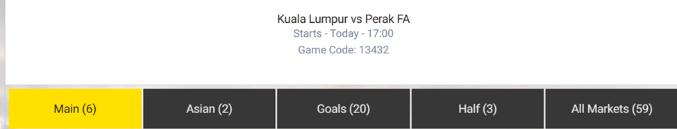 available markets for a match between Kuala Lumpur and Perak FA