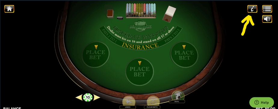 yellow arrow pointing at the help icon in Blackjack 3 Hand game
